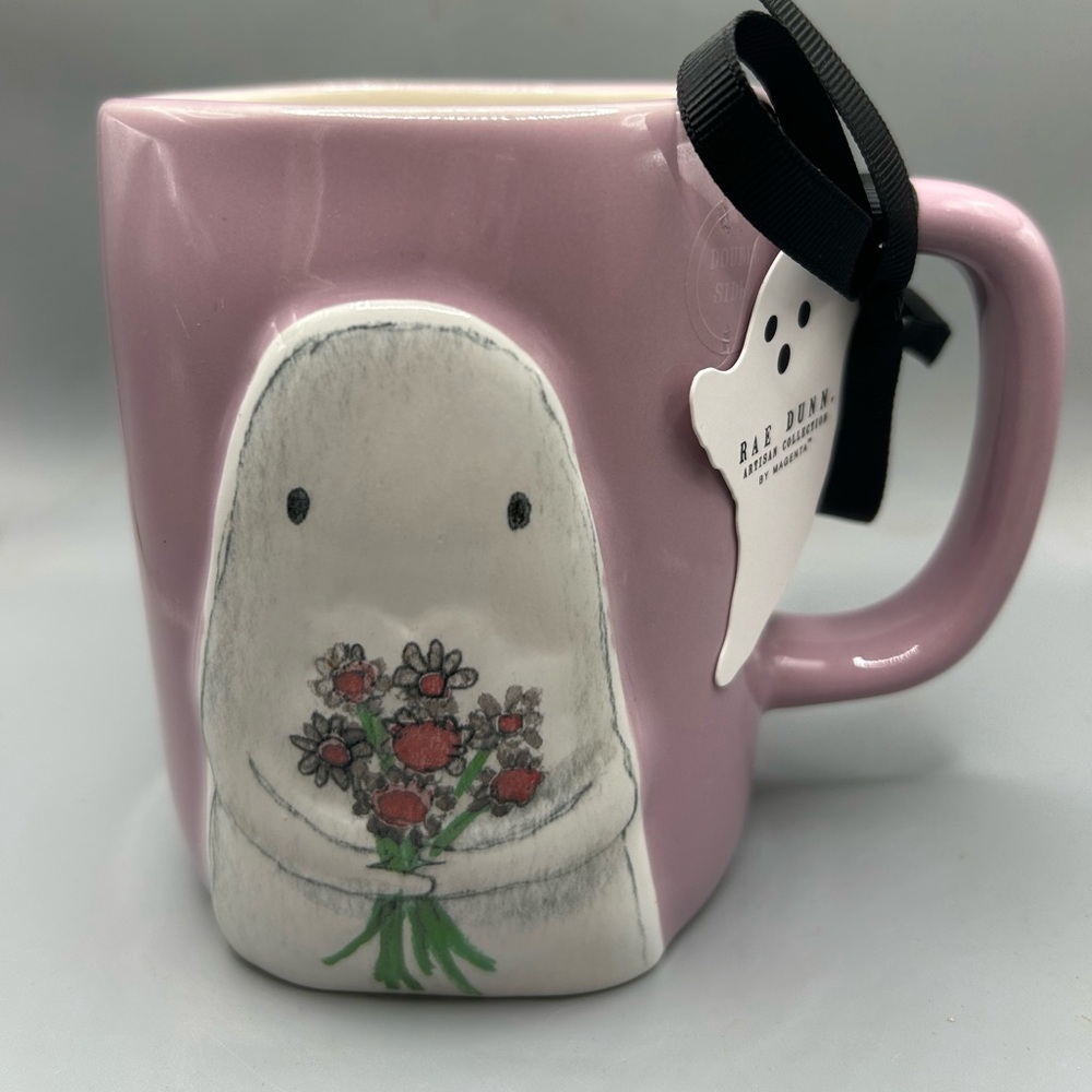 Rae Dunn Purple HEY BOO Mug With Ghost Holding Flowers Shabby Chic NEW